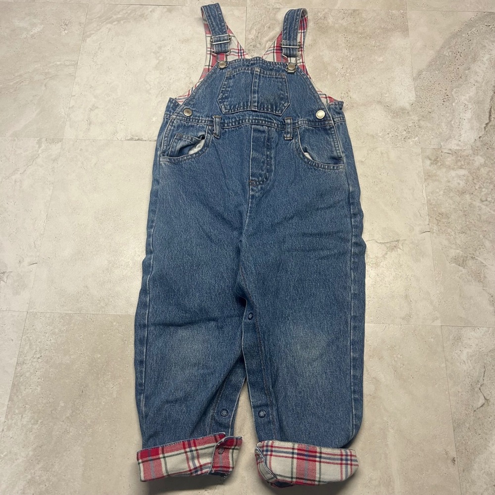 Faded Glory Plaid Flannel Lined Denim Overalls Toddler Boys 4T Blue Bibs